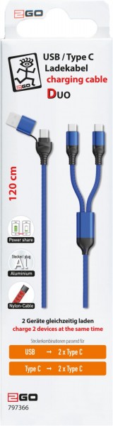 USB/C > 2x USB-C Duo Kabel (1,2m) blau
