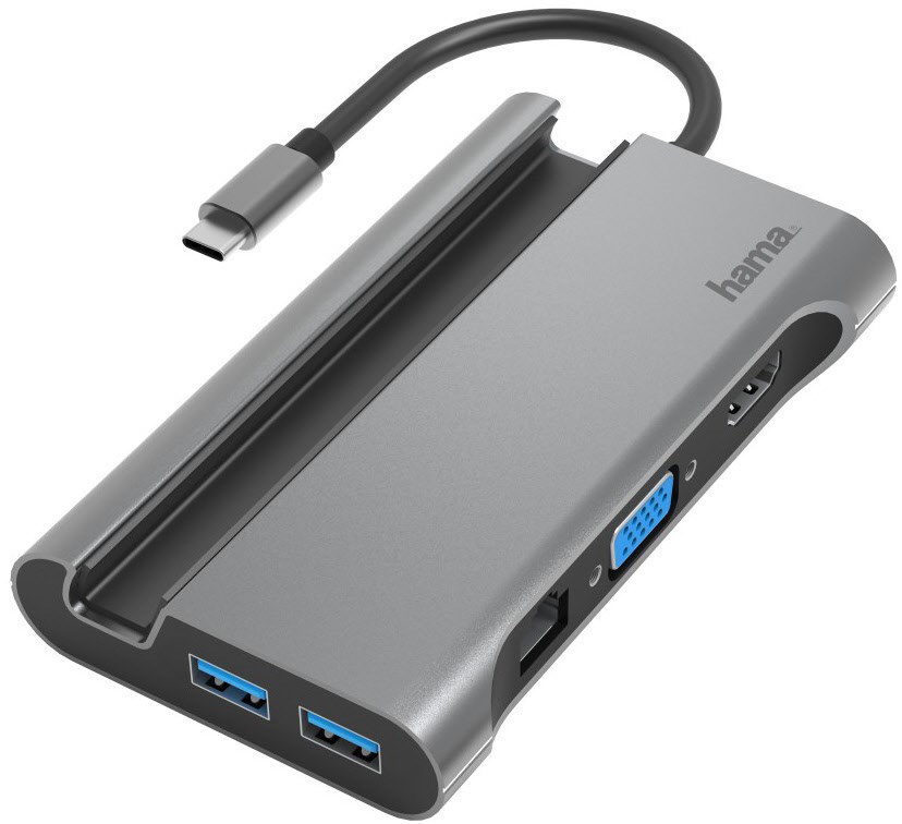 USB-C-Multiport-Adapter 7 Ports 3x USB-A, USB-C, VGA, HDMI, LAN grau