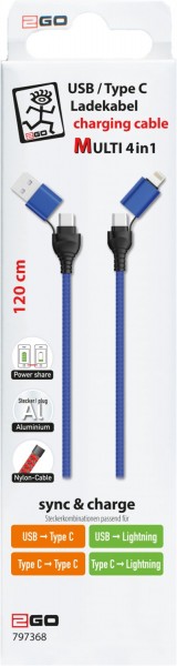 USB/C > C/Lightning 4 in 1 (1,2m) Kabel blau