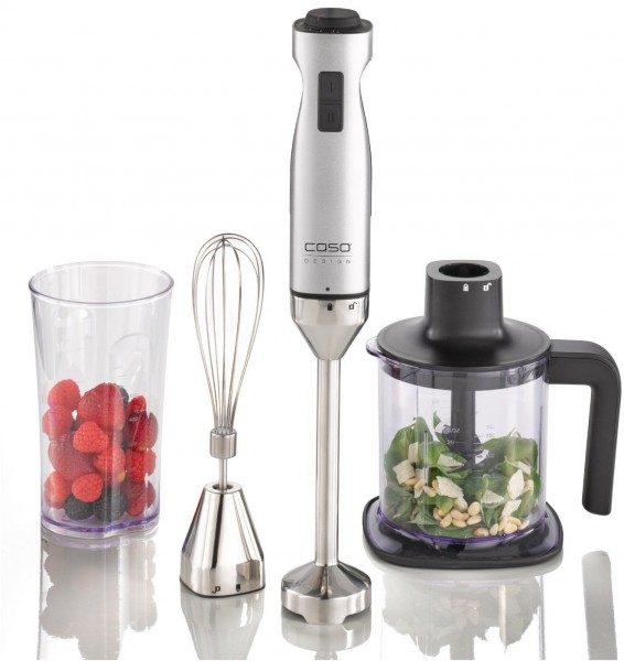 Caso HB 1000 Design Stabmixer – 1000 Watt, Testsieger, Inkl. Pürierstab, Schneebesen, Messbecher & Zerkleinerer, Silber/schwarz