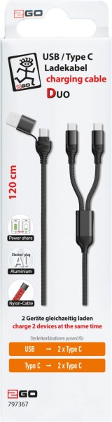 USB/C > 2x USB-C Duo Kabel (1,2m) schwarz