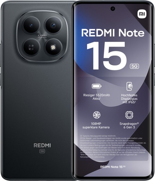 Redmi Note 15 5G (6GB+128GB) Smartphone schwarz, 108 MP Kamera, 6,77 Zoll Display, 51,37 Std. Akku