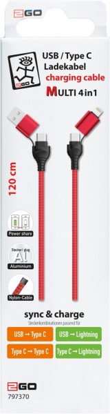 USB/C > C/Lightning 4 in 1 (1,2m) Kabel rot