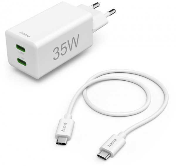 Schnellladegerät 2x USB-C (35W) inkl. USB-C Ladekabel (1m) weiss