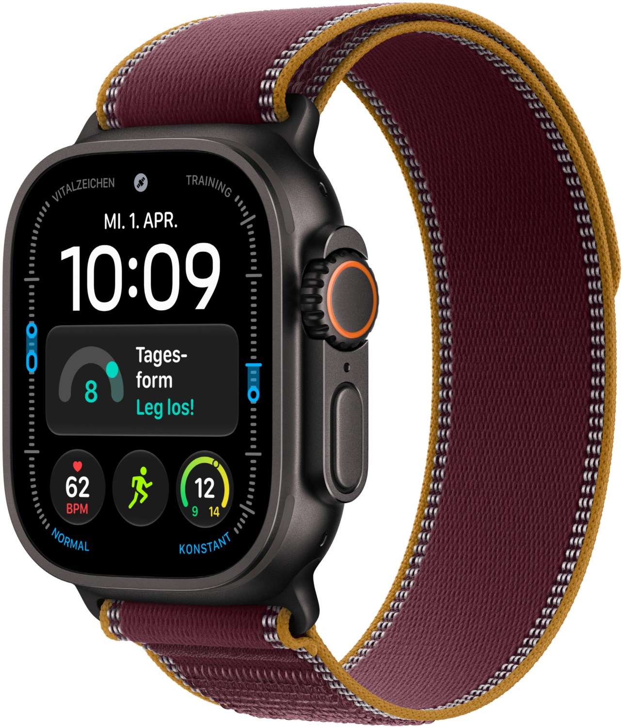 Apple Watch Ultra 4 (49mm) GPS+5G Smartwatch Titan mit Trail Loop Armband (S/M) schwarz/burgunder