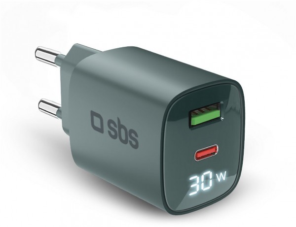 USB-C/USB LCD GaN Ladegerät (30W) hellblau