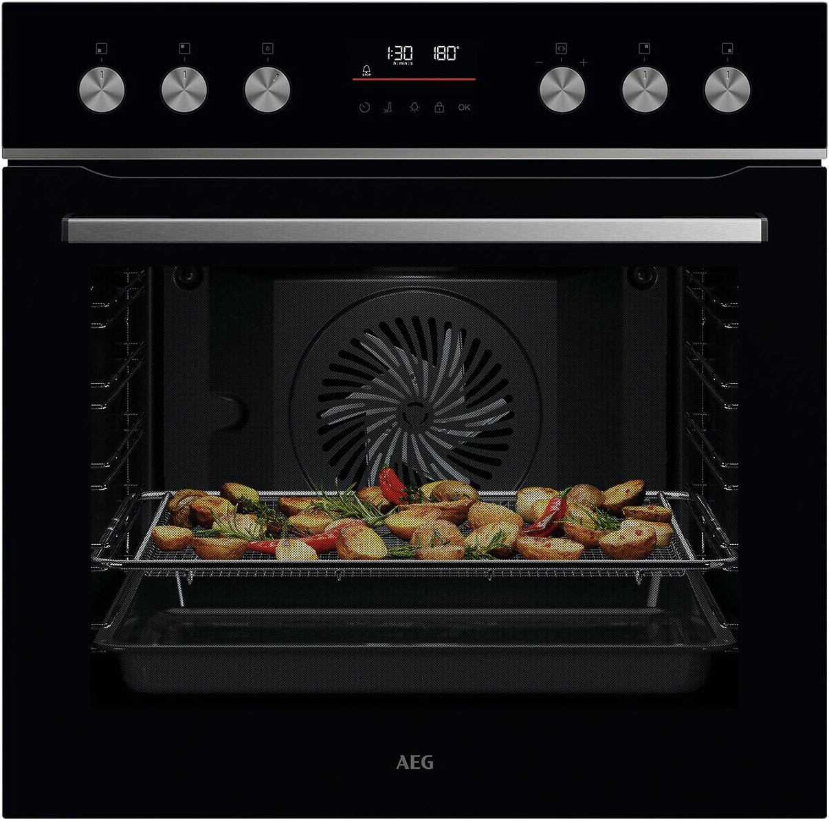 OU5PE42AB Einbau Elektro-Herd schwarz, 71 l, Pizza-Stufe, schnelles Vorheizen, Heißluftgrill, 59,5 cm breit, A+