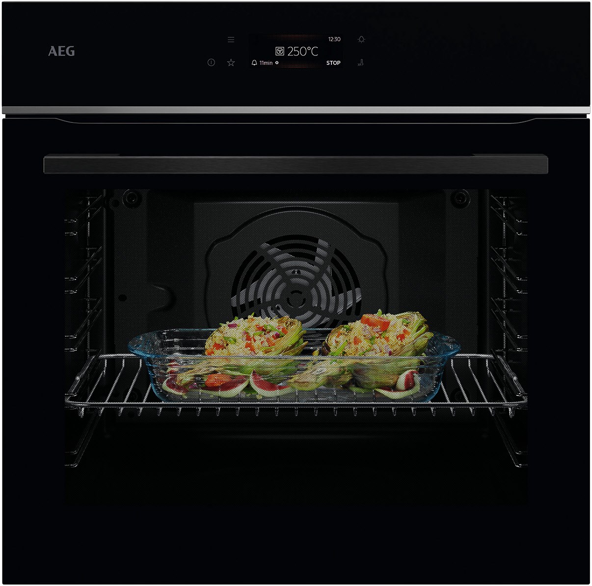 TE7AB63FSB Einbaubackofen schwarz, 72 l, Pizza-Stufe, Dörren, schnelles Vorheizen, Heißluftgrill, Hefeteig-Gärstufe, Brotback-Stufe, 59,4 cm breit, A+