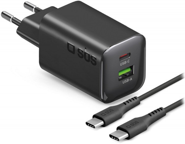USB/USB-C GaN Wandladegerät (65W) mit USB Type-C Kabel (1,5m) schwarz