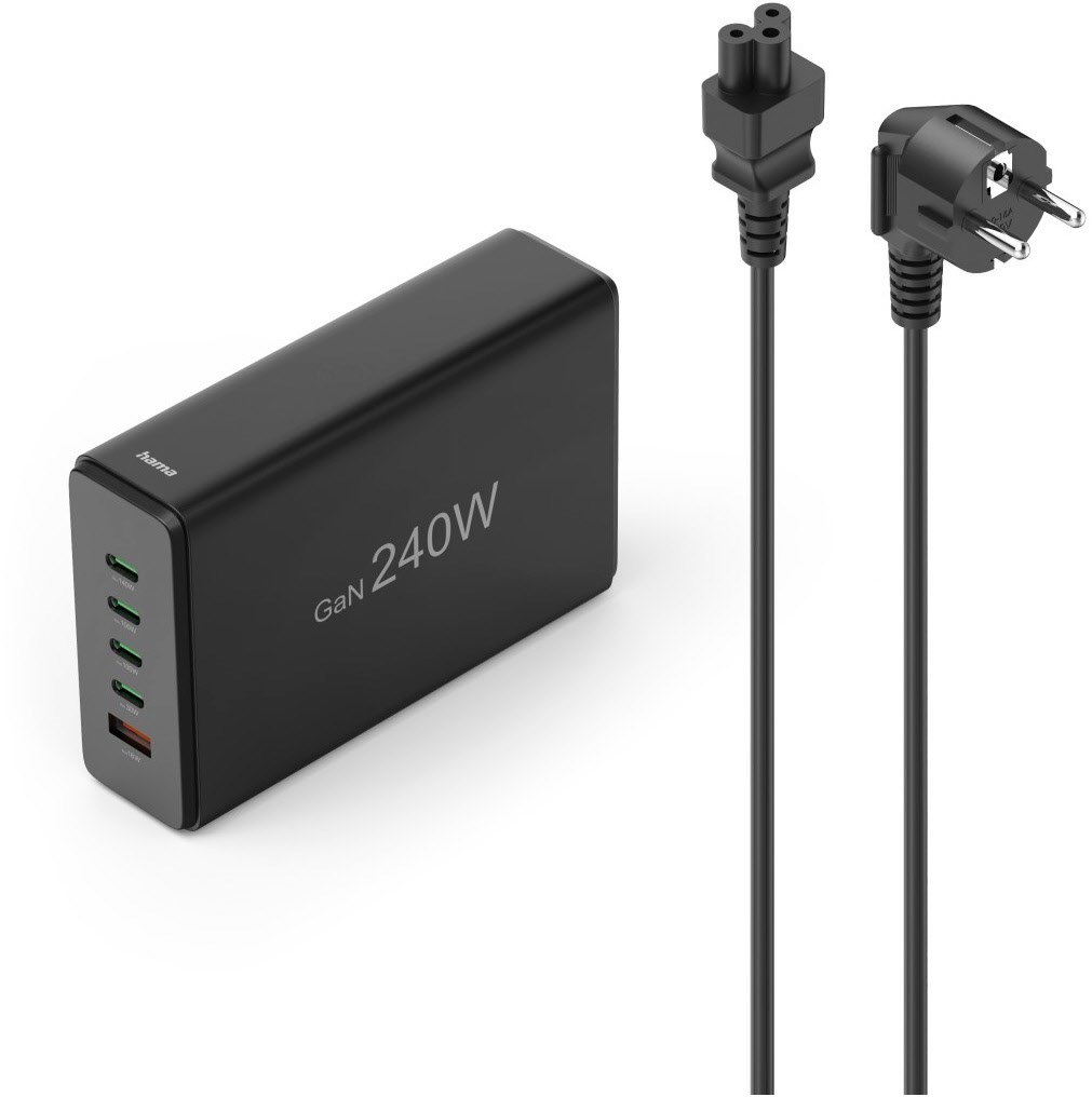 Image of Hama USB-Ladestation Schnellladegerät mit 5 Ports GaN 4 x USB-C 1 x USB-A 240 W