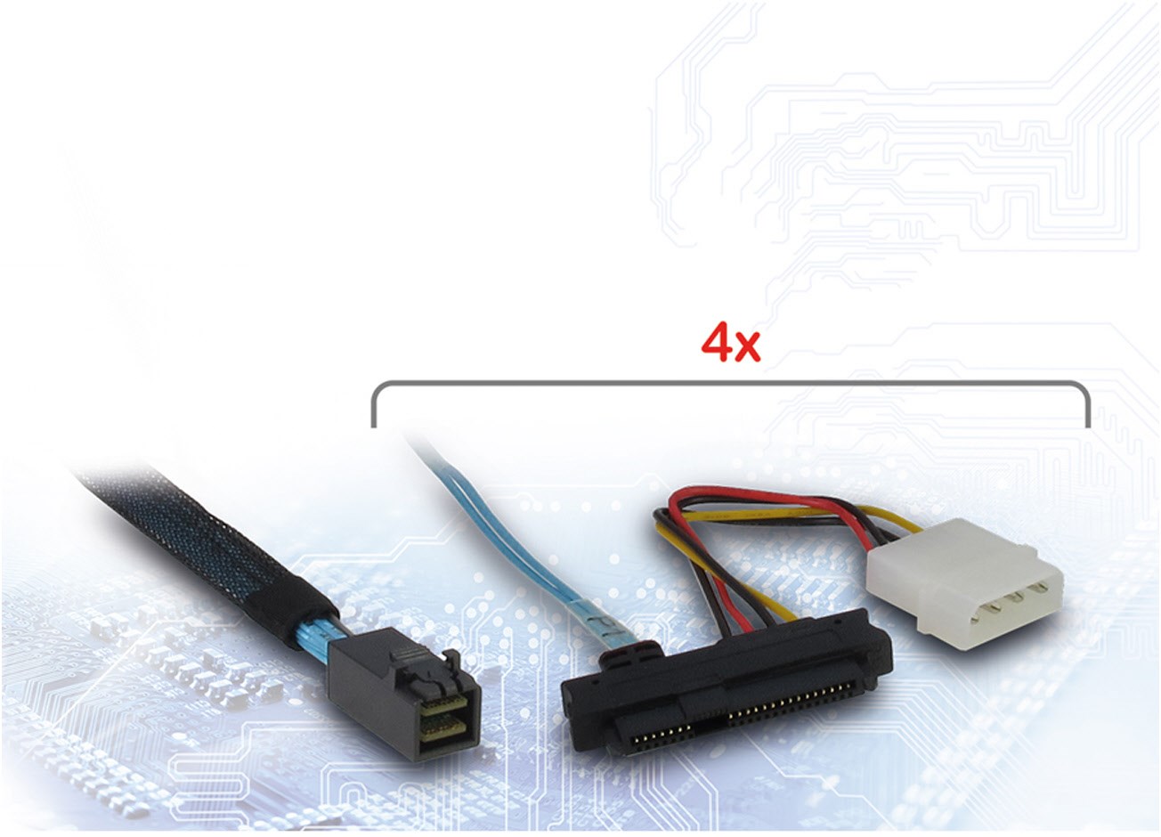 SFF-8643 > 4x SFF 8482 / SATA Power Kabel (0,5m) schwarz/blau